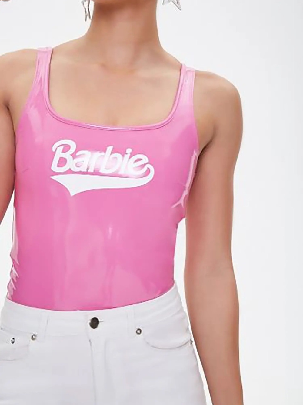 hot pink Forever 21 Barbie bodysuit made of a shiny vinyl material Size Large - Picture 2 of 5
